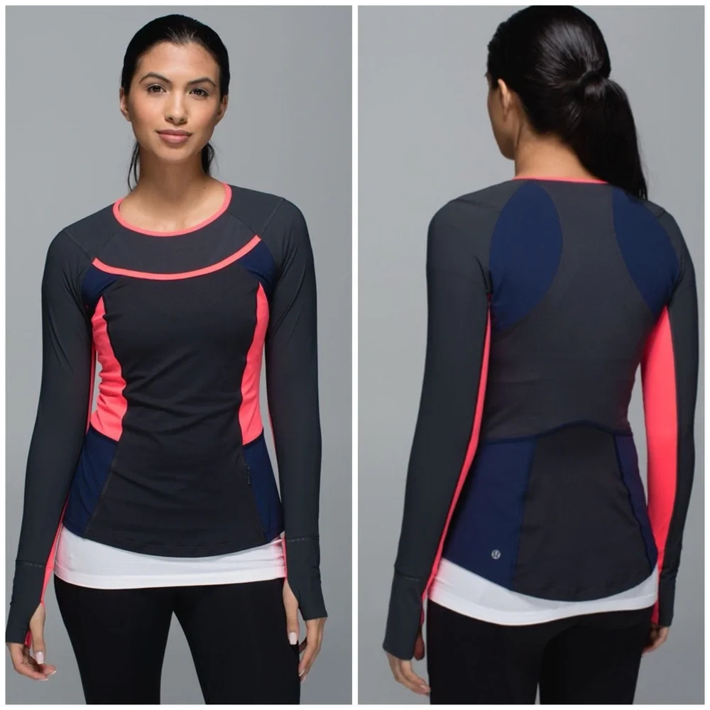 Lululemon Trail Bound‎ Long Sleeve Deep Coal Deep Navy Electric Coral Size 4